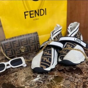Fendi White and Brown Sneakers with Logo